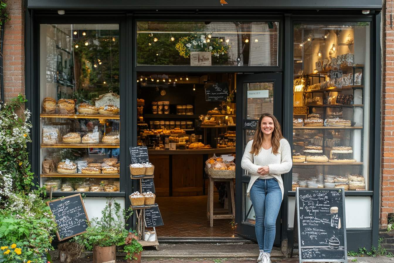 A delighted woman standing outside a bakery | Source: Midjourney