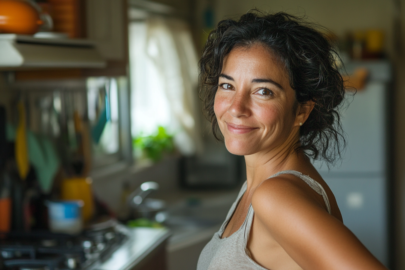 A woman in a kitchen smiling | Source: Midjourney