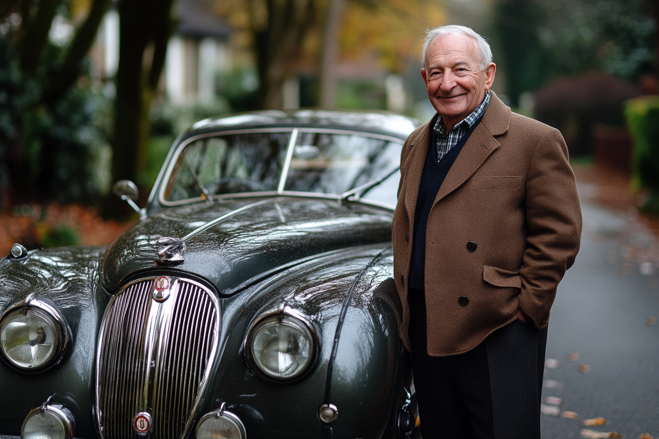 A man with a warm smile standing beside a vintage car | Source: Midjourney