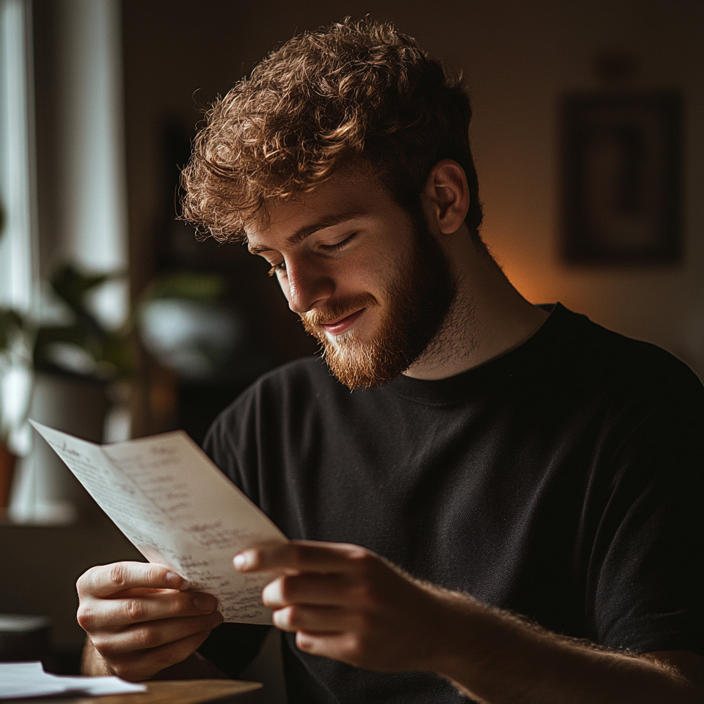 A smiling man reading a letter | Source: Midjourney