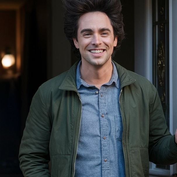 A young man standing in a doorway, smiling | Source: Midjourney