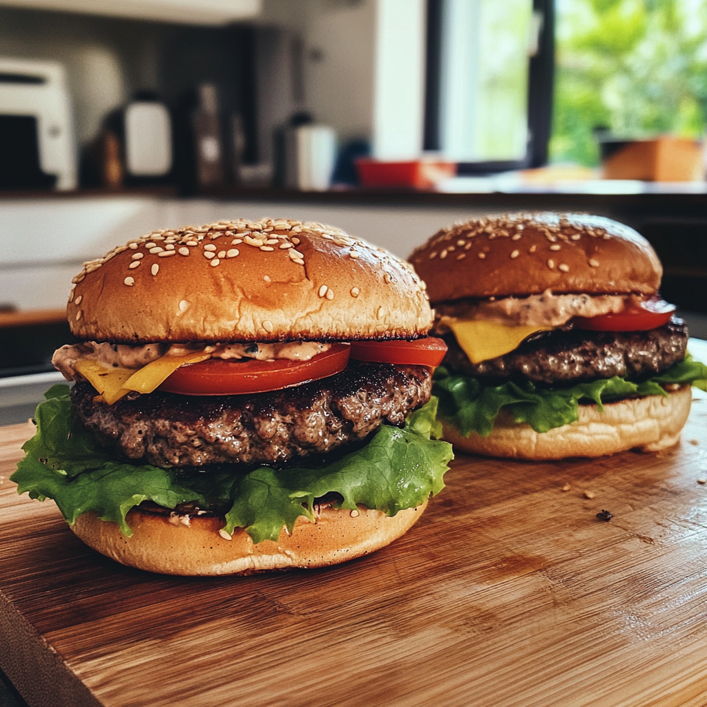 Homemade burgers on a kitchen counter | Source: Midjourney