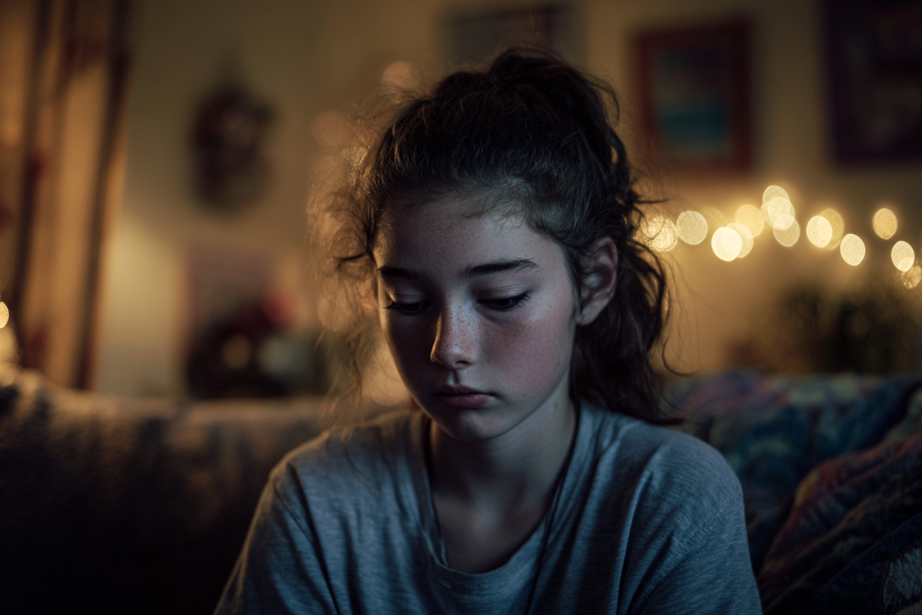 A girl sitting in her house | Source: Midjourney