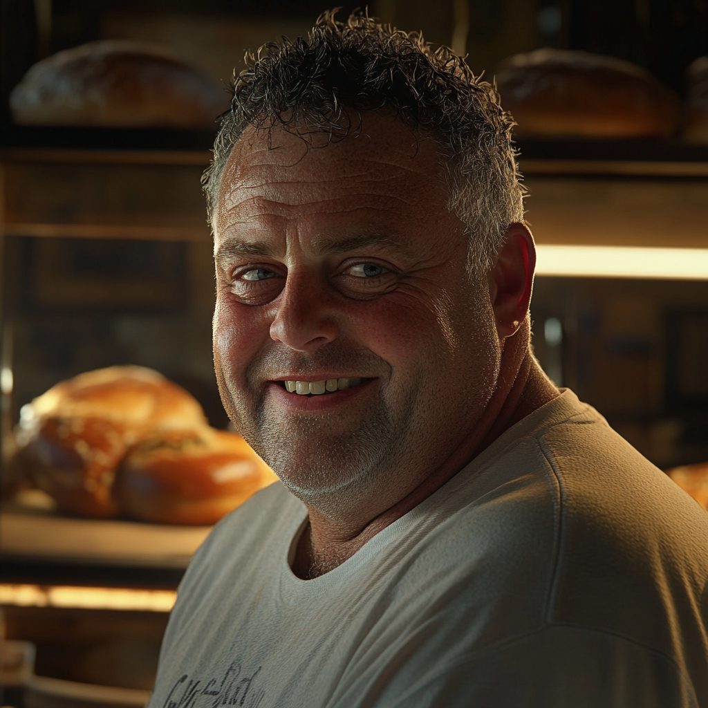 Un hombre mayor sonriente en una panadería | Fuente: Midjourney