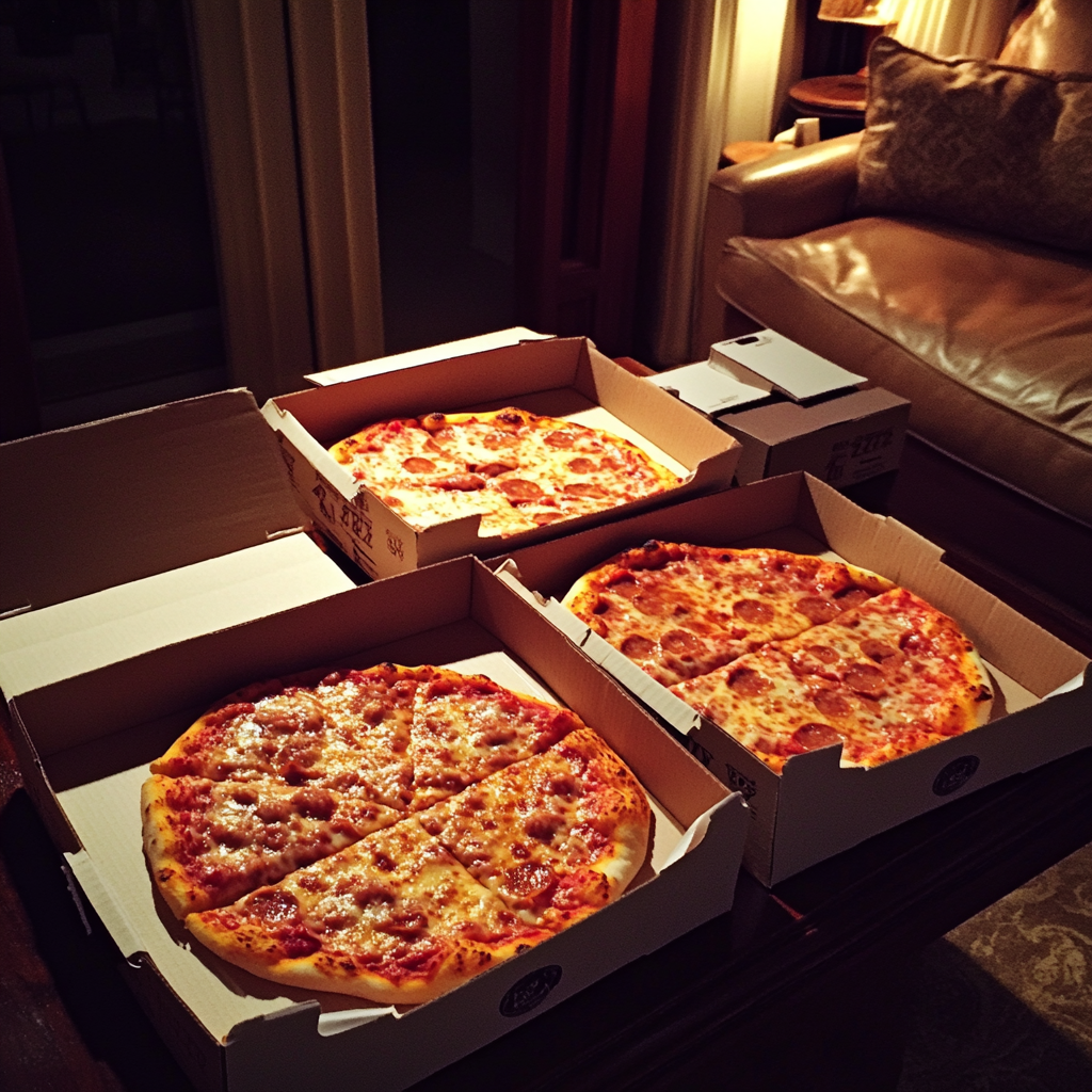 Boxes of pizza on a coffee table | Source: Midjourney