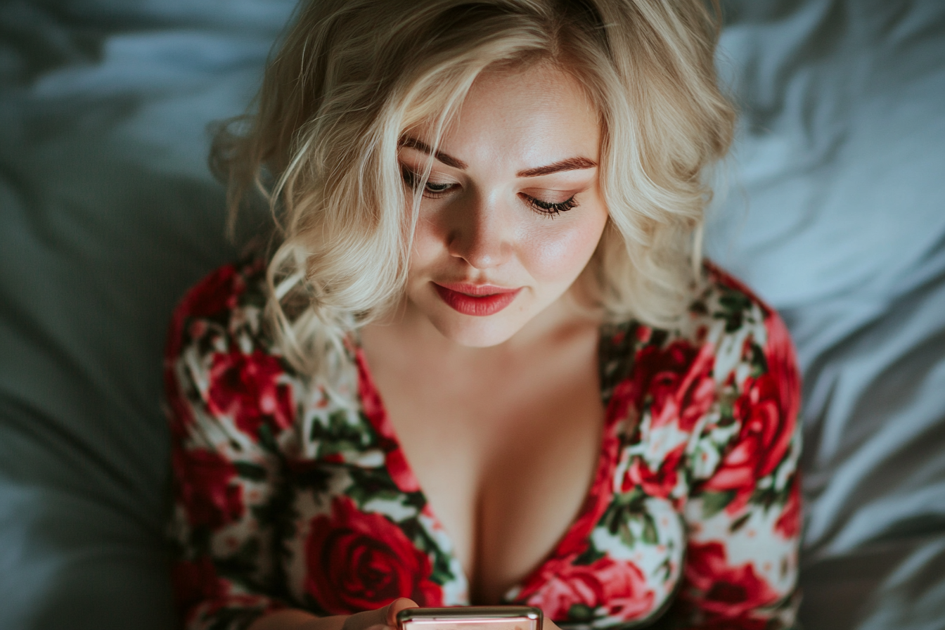 A woman in bed looking at her phone | Source: Midjourney