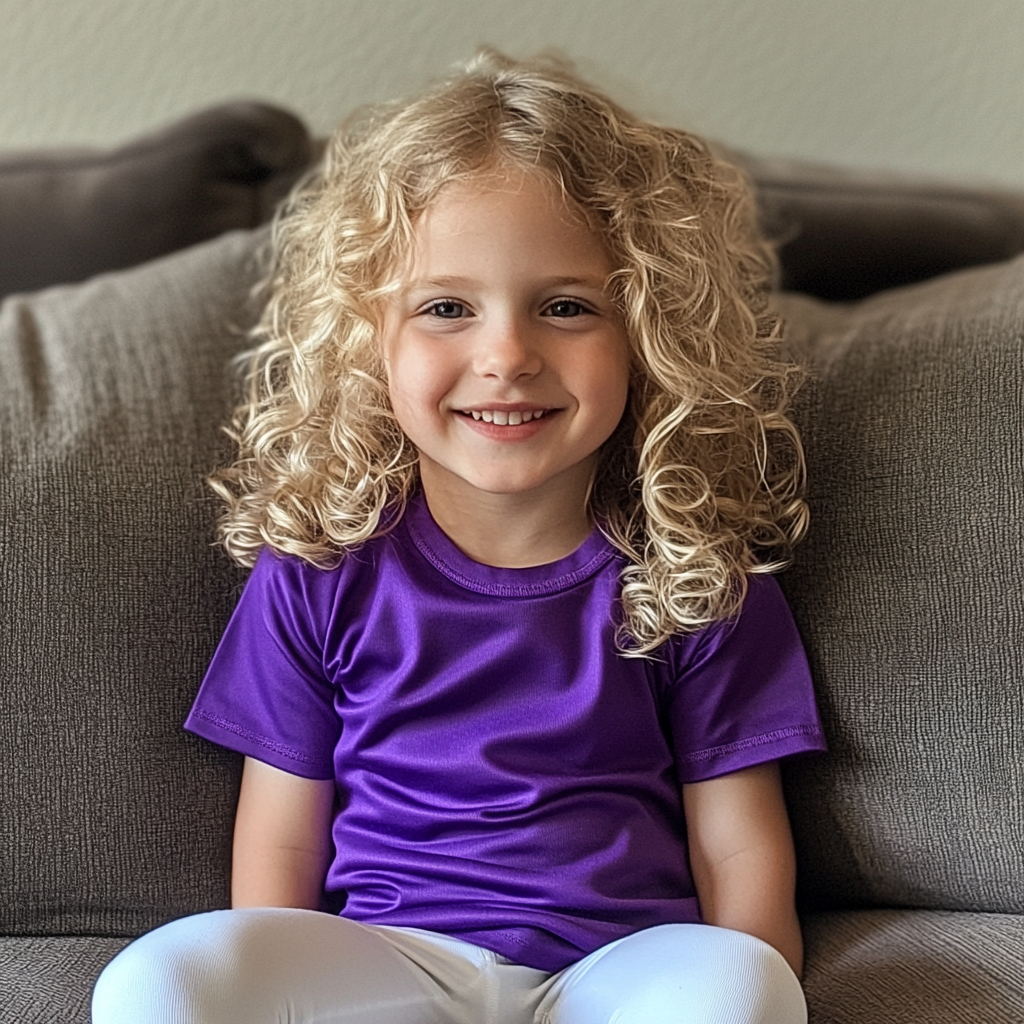 A smiling little girl sitting on a couch | Source: Midjourney