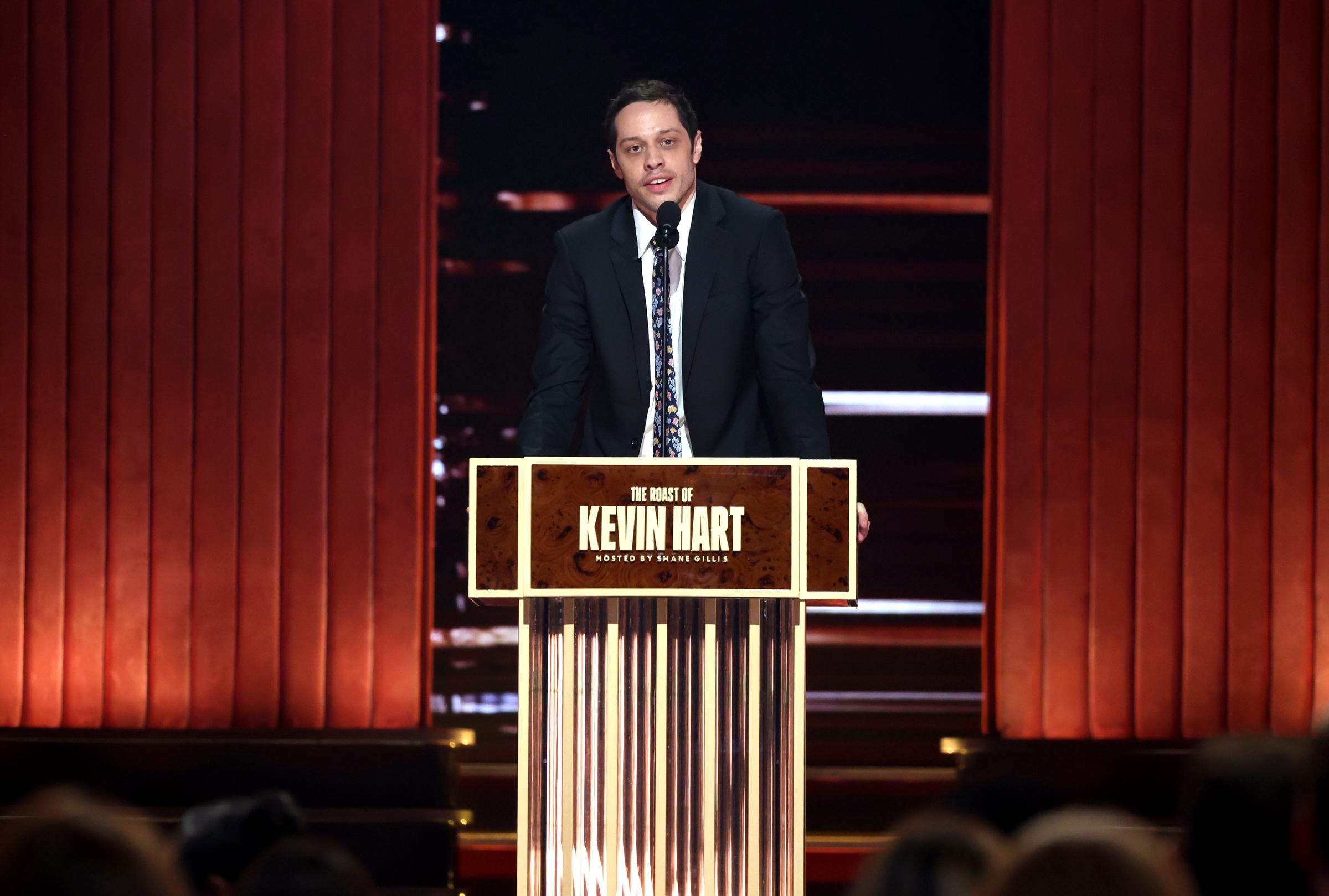 Pete Davidson speaks onstage during Netflix Is A Joke Festival Presents: The Roast of Kevin Hart at The Kia Forum on May 10, 2026 in Inglewood, California. | Source: Getty Images