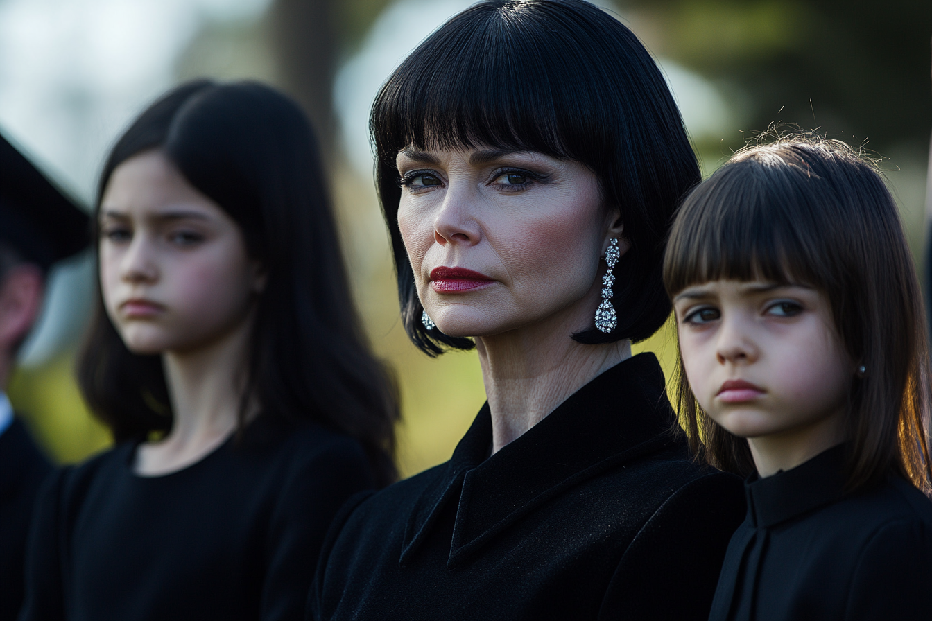 A sad woman with her two daughters sitting at an outdoor funeral | Source: Midjourney