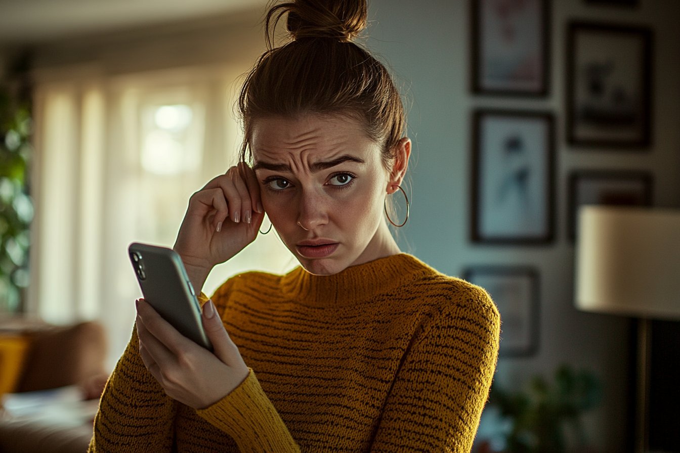 Une femme confuse tenant un téléphone | Source : Midjourney