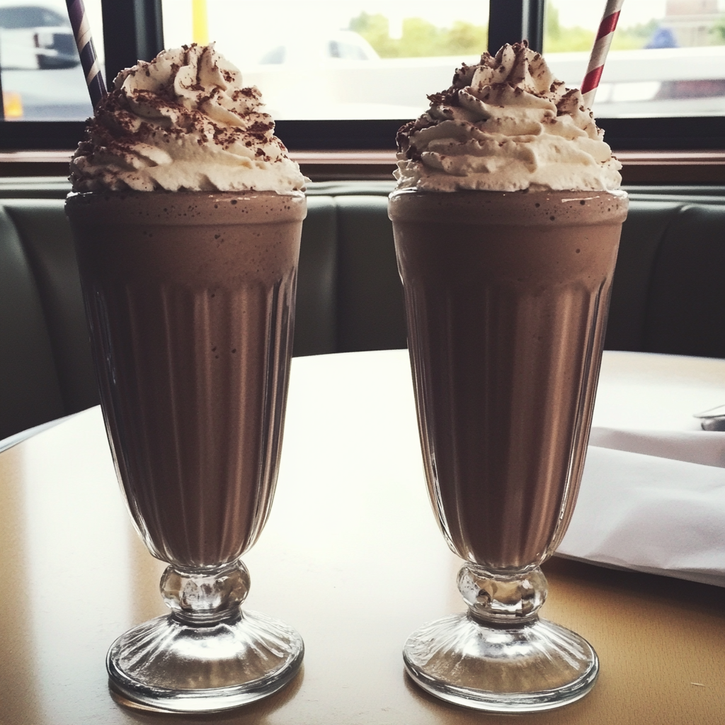 Two chocolate milkshakes on a table | Source: Midjourney