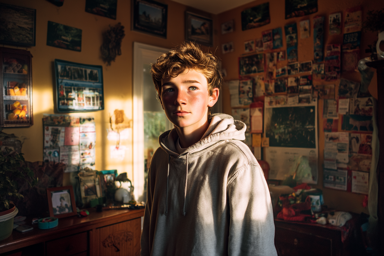 A boy standing in his room | Source: Midjourney