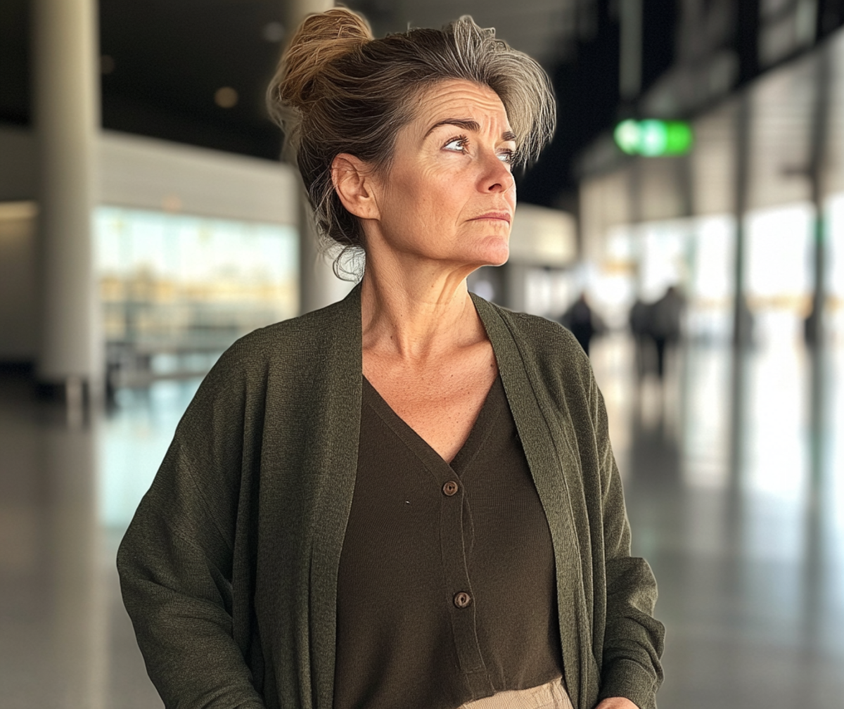 An upset older woman with her hands in her pocket | Source: Midjourney