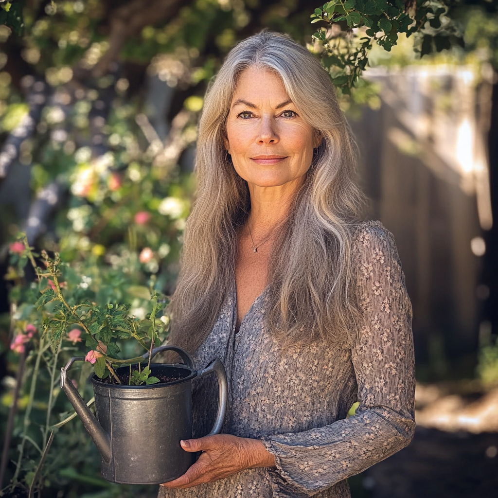 A woman holding a plant | Source: Midjourney