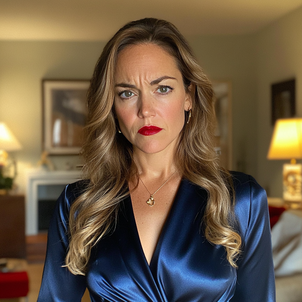 A close up of an upset woman standing in a living room | Source: Midjourney