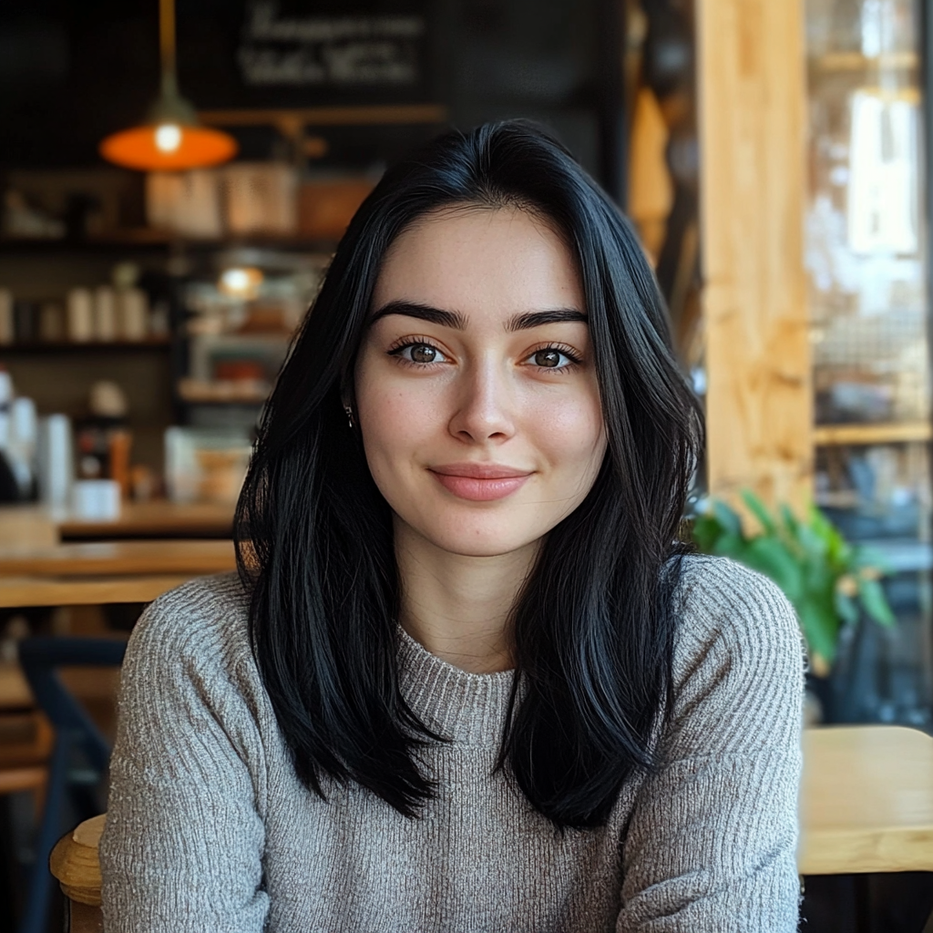 A woman in a coffeeshop smiling sadly | Source: Midjourney