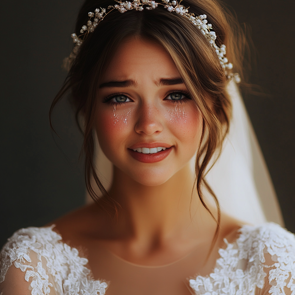 An emotional bride at her wedding reception | Source: Midjourney