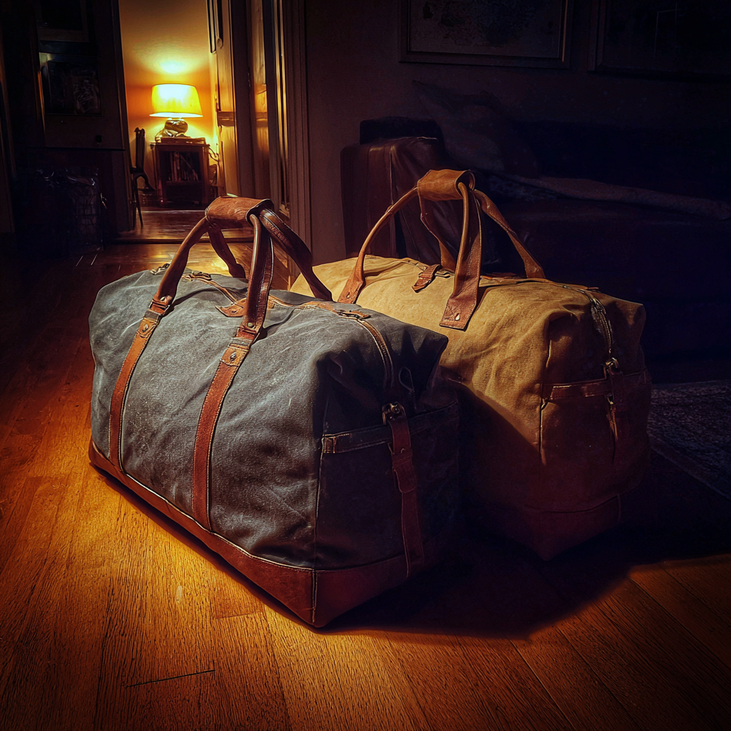 Packed duffel bags on a living room floor | Source: Midjourney