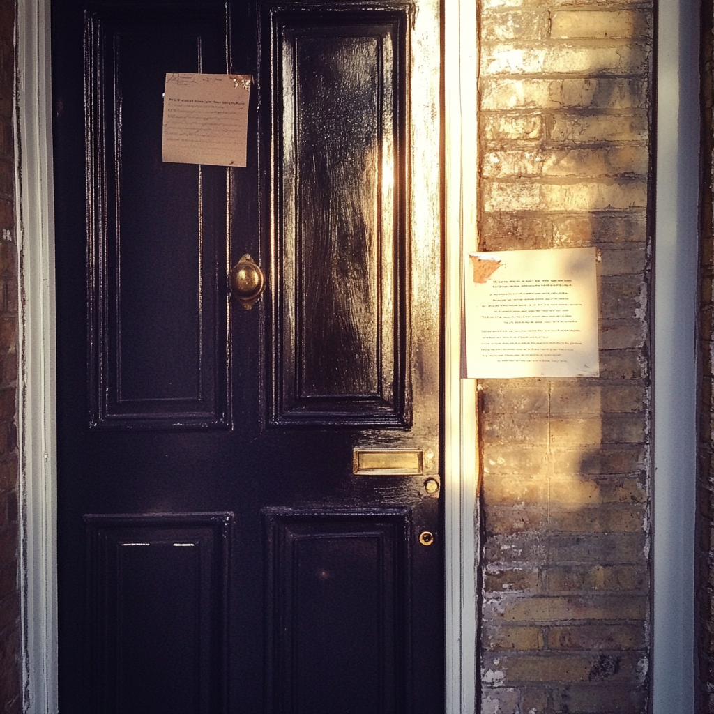 A piece of paper taped onto a front door | Source: Midjourney