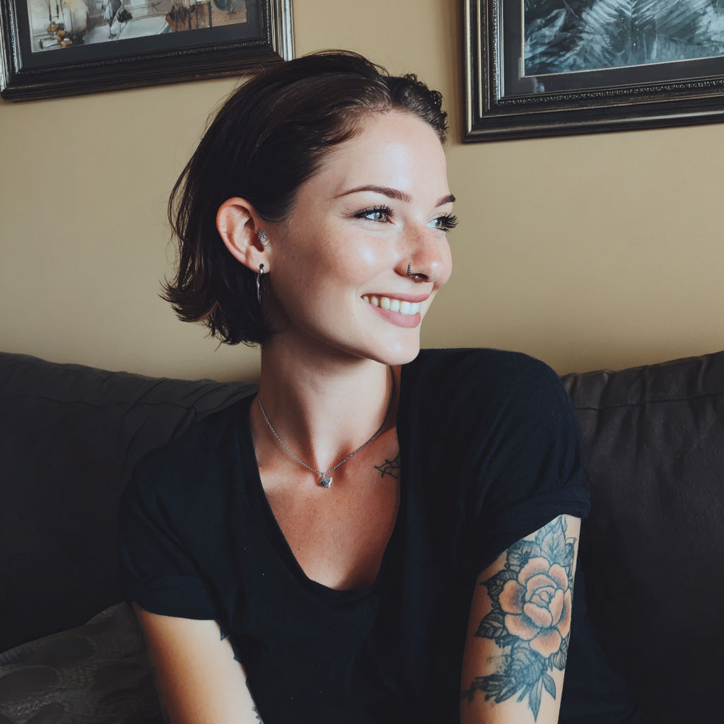 A smiling woman sitting on a couch | Source: Midjourney