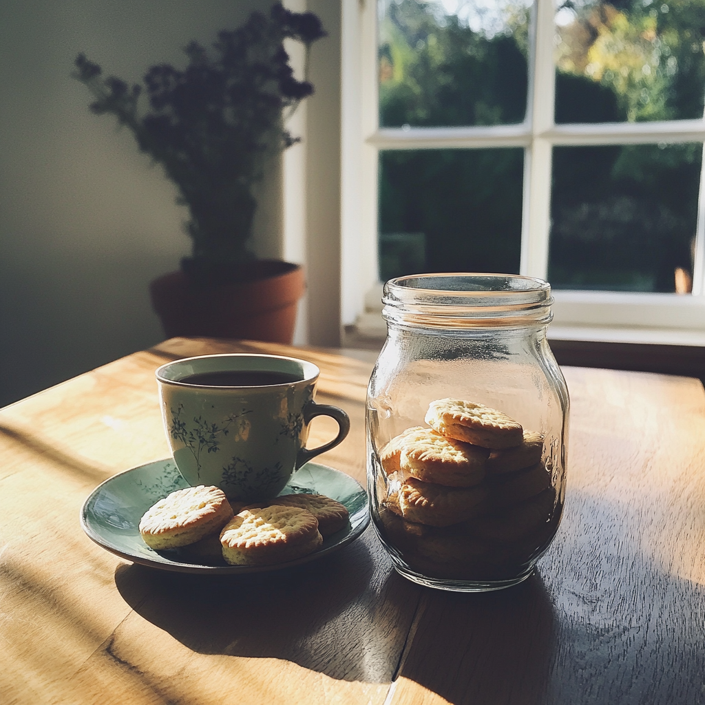 A jar of biscuits and a cup of tea | Source: Midjourney