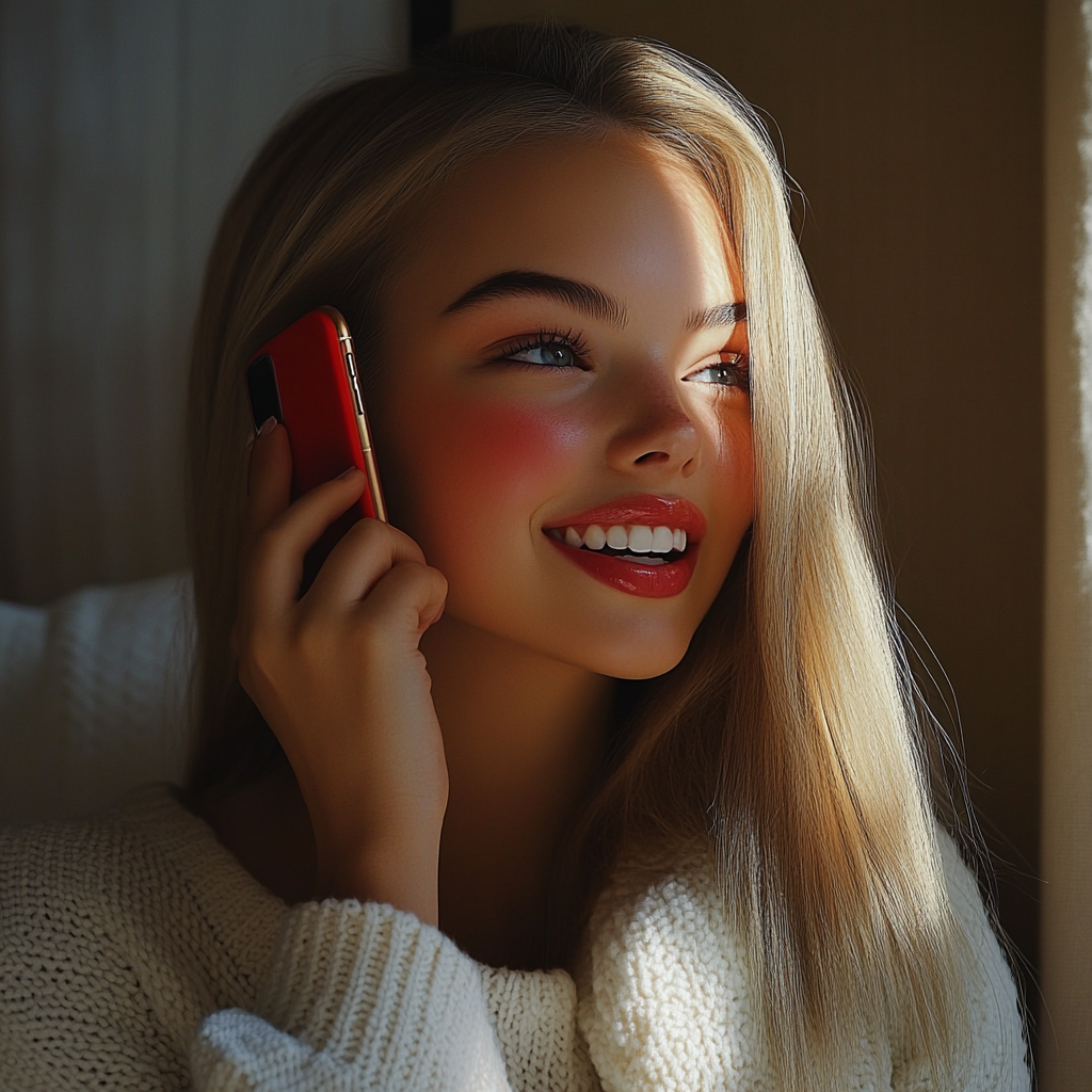 A young woman laughing while talking on the phone | Source: Midjourney