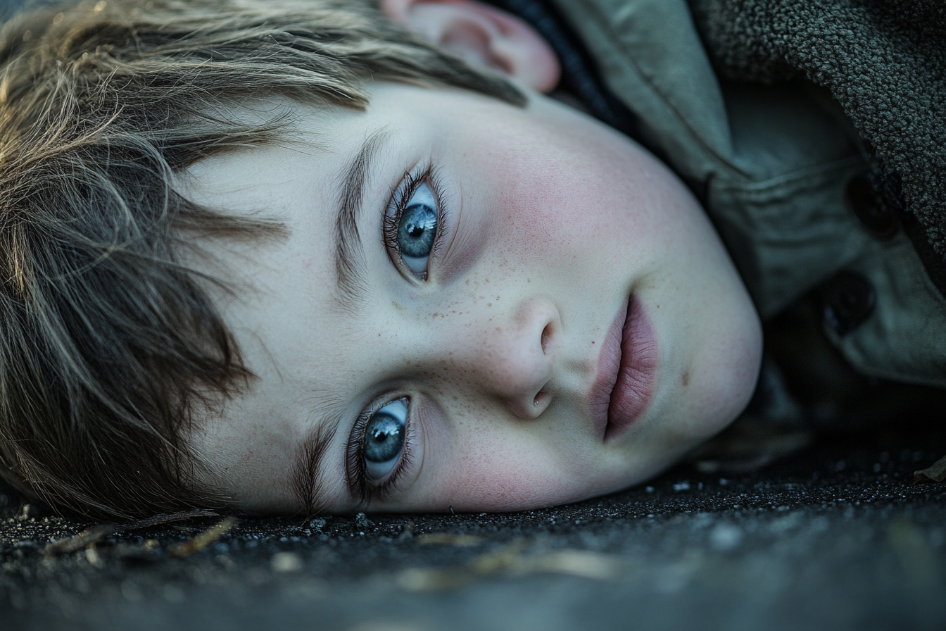 A solemn boy lying on the ground | Source: Midjourney