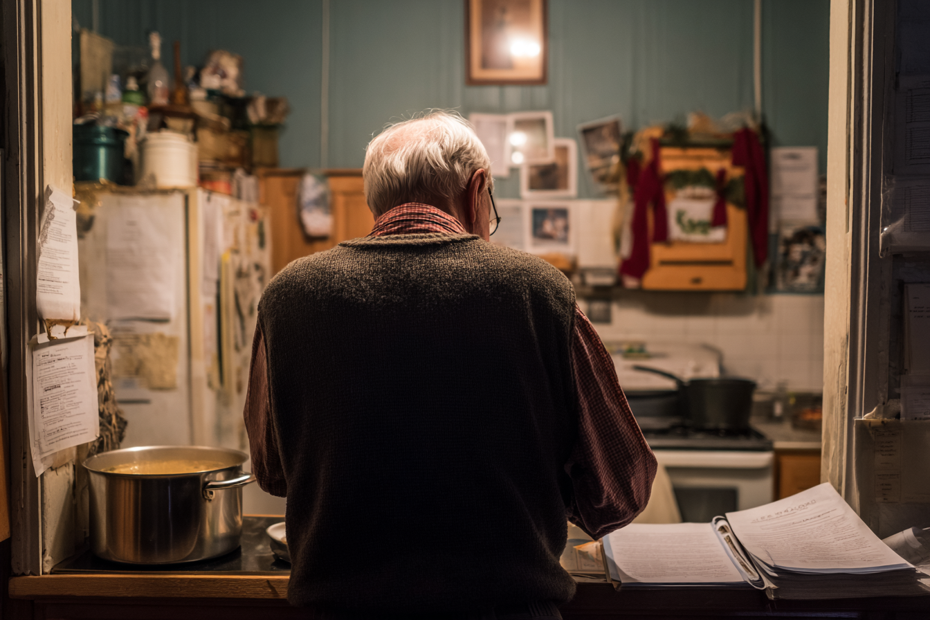 A back-view shot of an older man standing in a room | Source: Midjourney