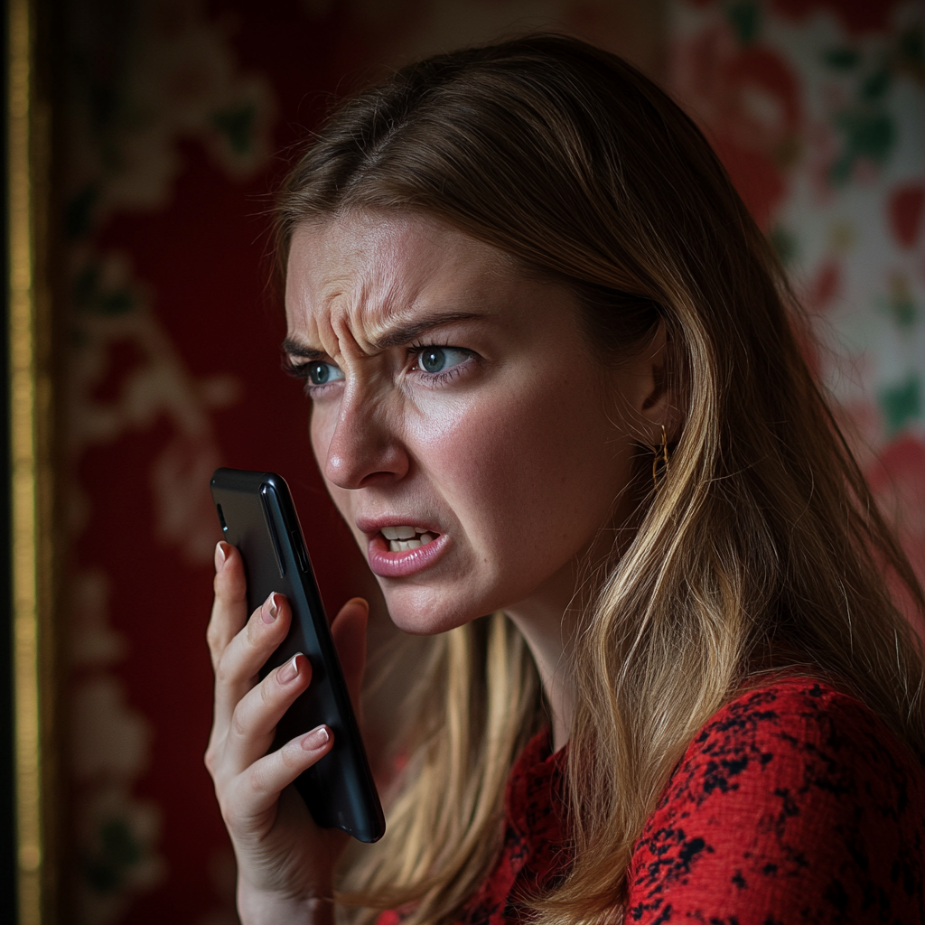 An angry woman talking on her phone | Source: Midjourney