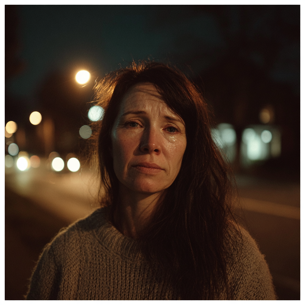 An emotional woman standing on the street | Source: Midjourney