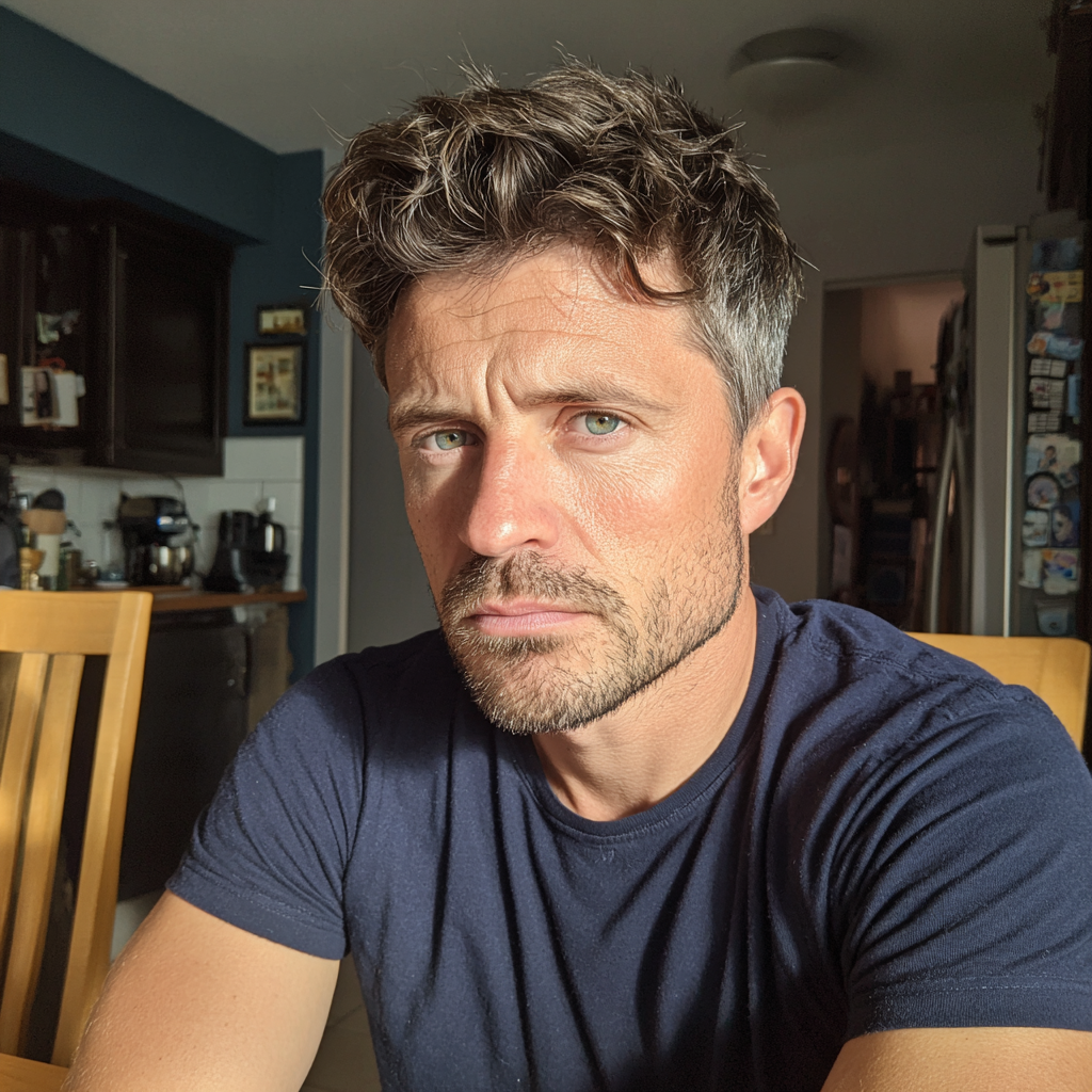 Close-up of a man sitting at a kitchen table | Source: Midjourney