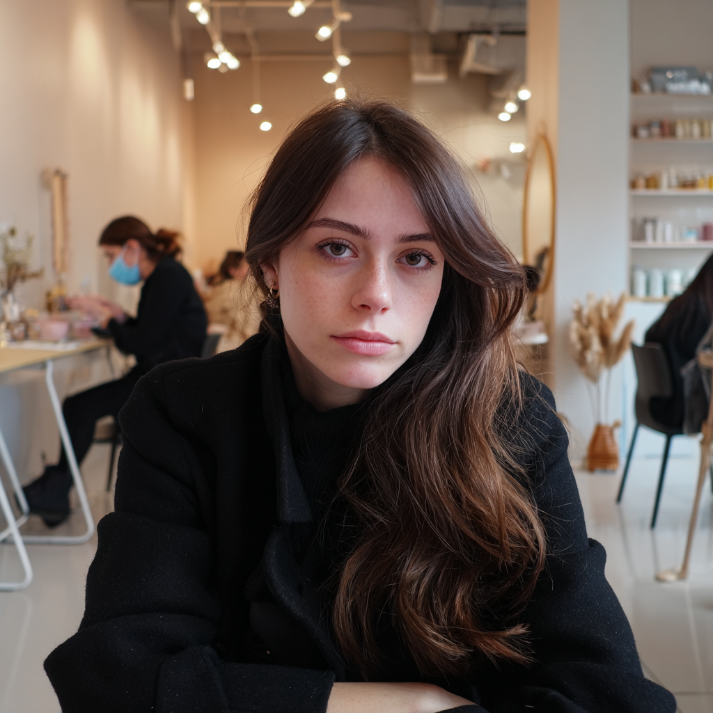 A woman in a black coat sitting in a nail salon | Source: Midjourney