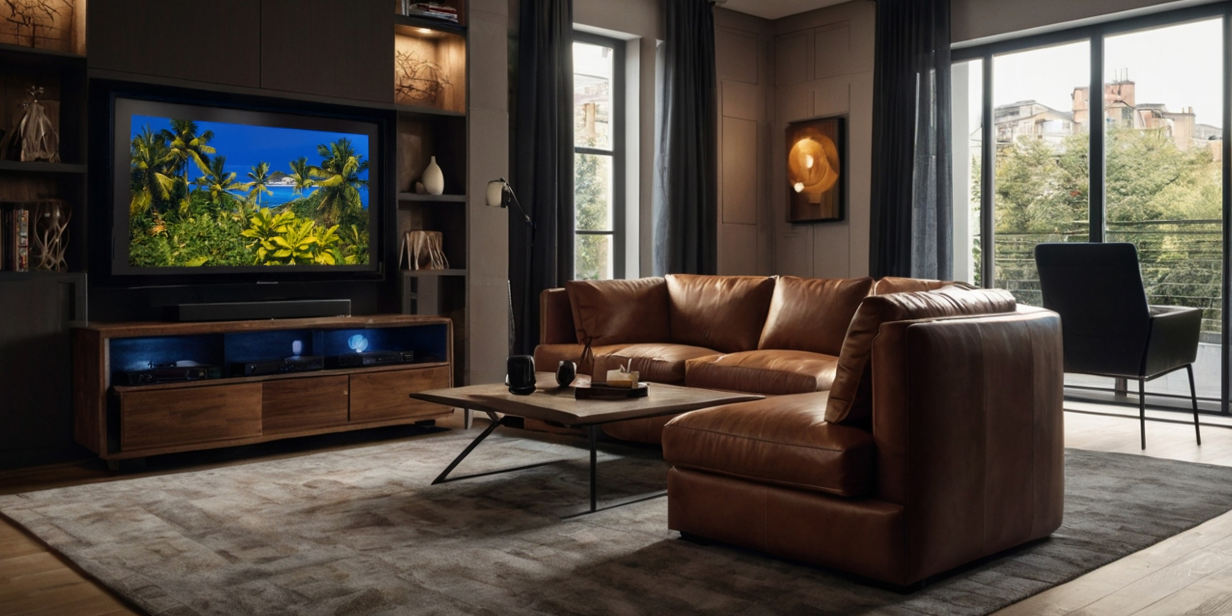 A leather couch in front of a big-screen TV | Source: Amomama