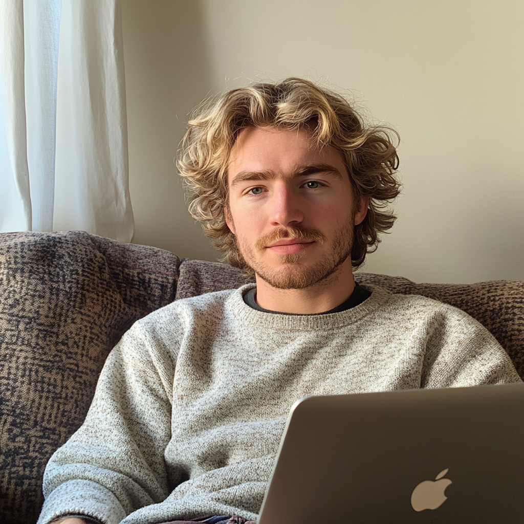 A man sitting on a couch with his laptop | Source: Midjourney
