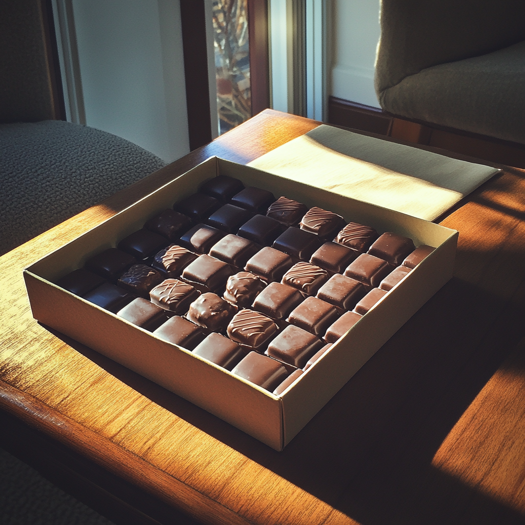 A box of chocolate on a coffee table | Source: Midjourney