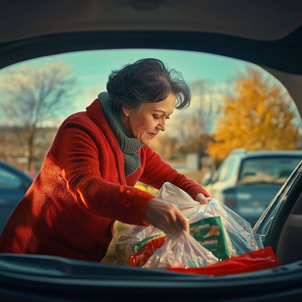 A woman putting grocery bags in her car's trunk | Source: Midjourney