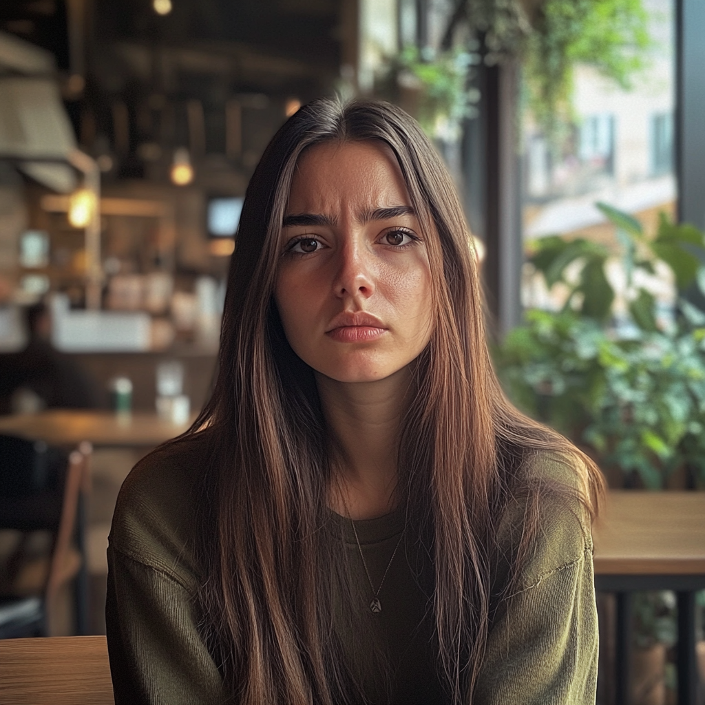 An upset woman in a coffee shop | Source: Midjourney