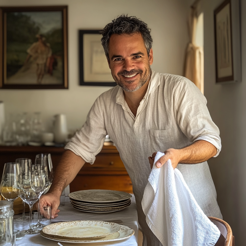 A smiling 40-year-old man with rolled-up sleeves and a towel over his shoulder setting the dining table | Source: Midjourney