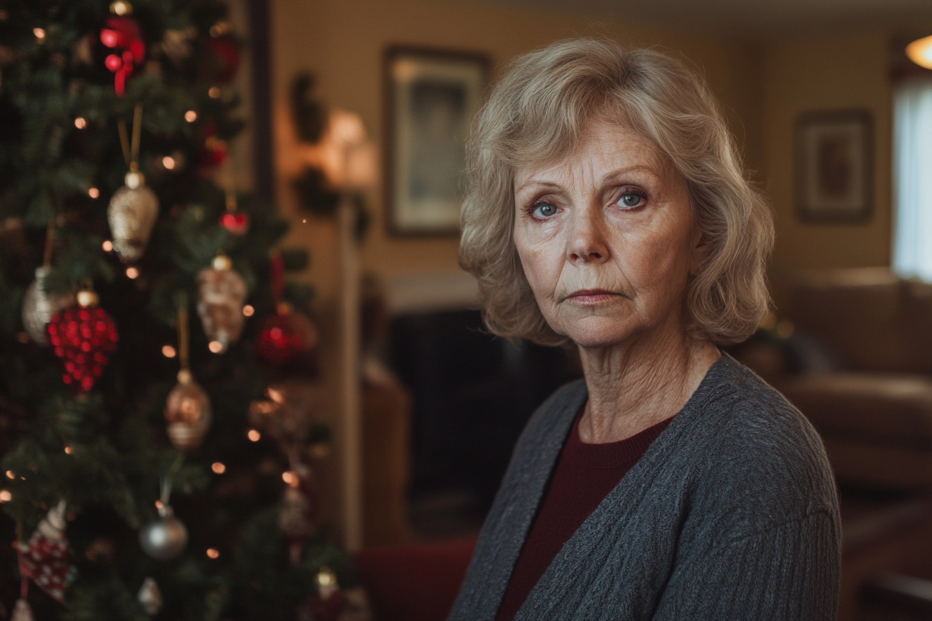 A mature woman standing near a Christmas tree | Source: Midjourney