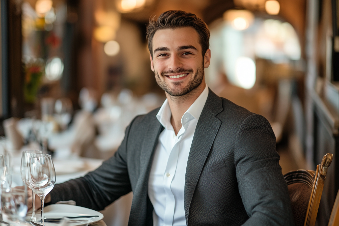 A man seated at a table in a restaurant | Source: Midjourney