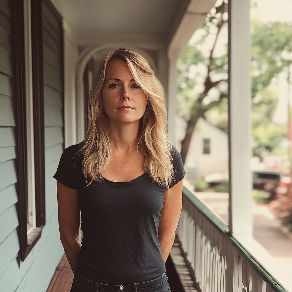 A woman standing on a porch | Source: Midjourney