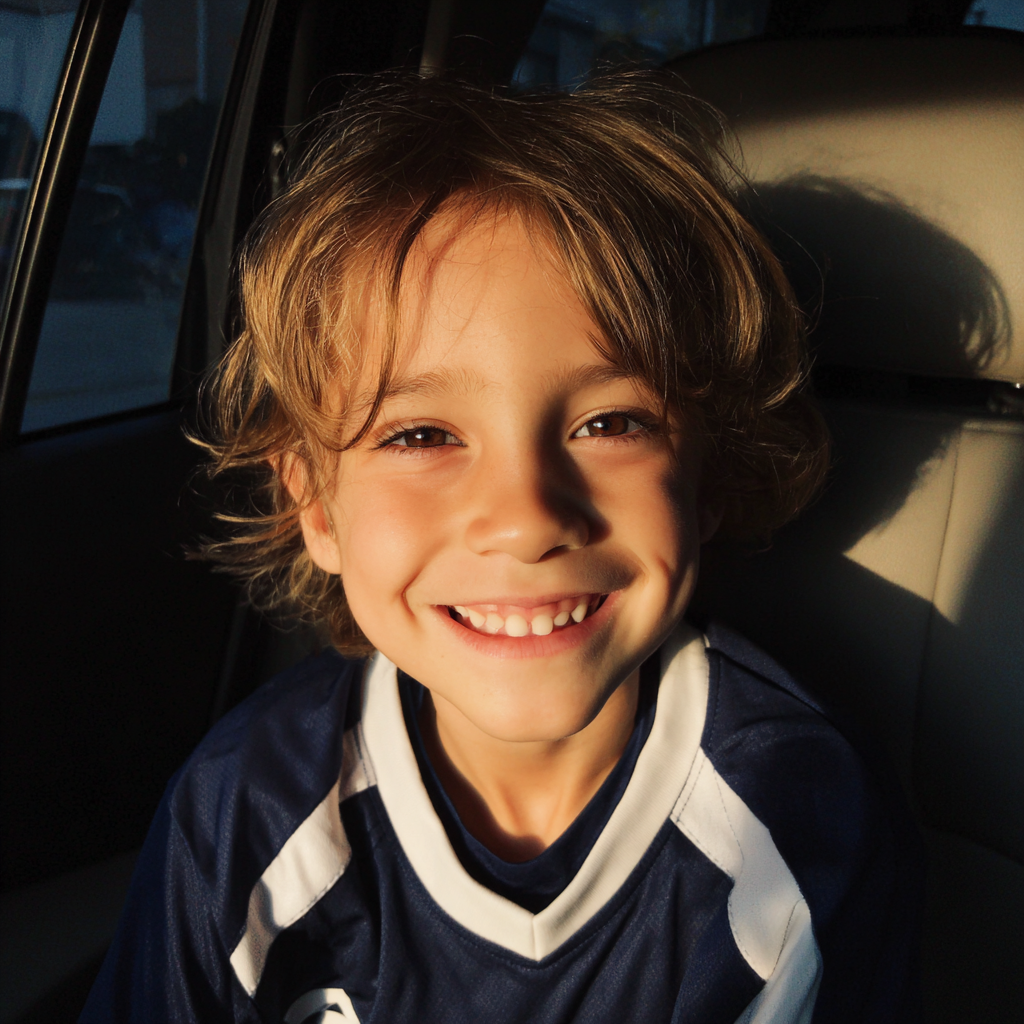 A smiling little boy sitting in a car | Source: Midjourney