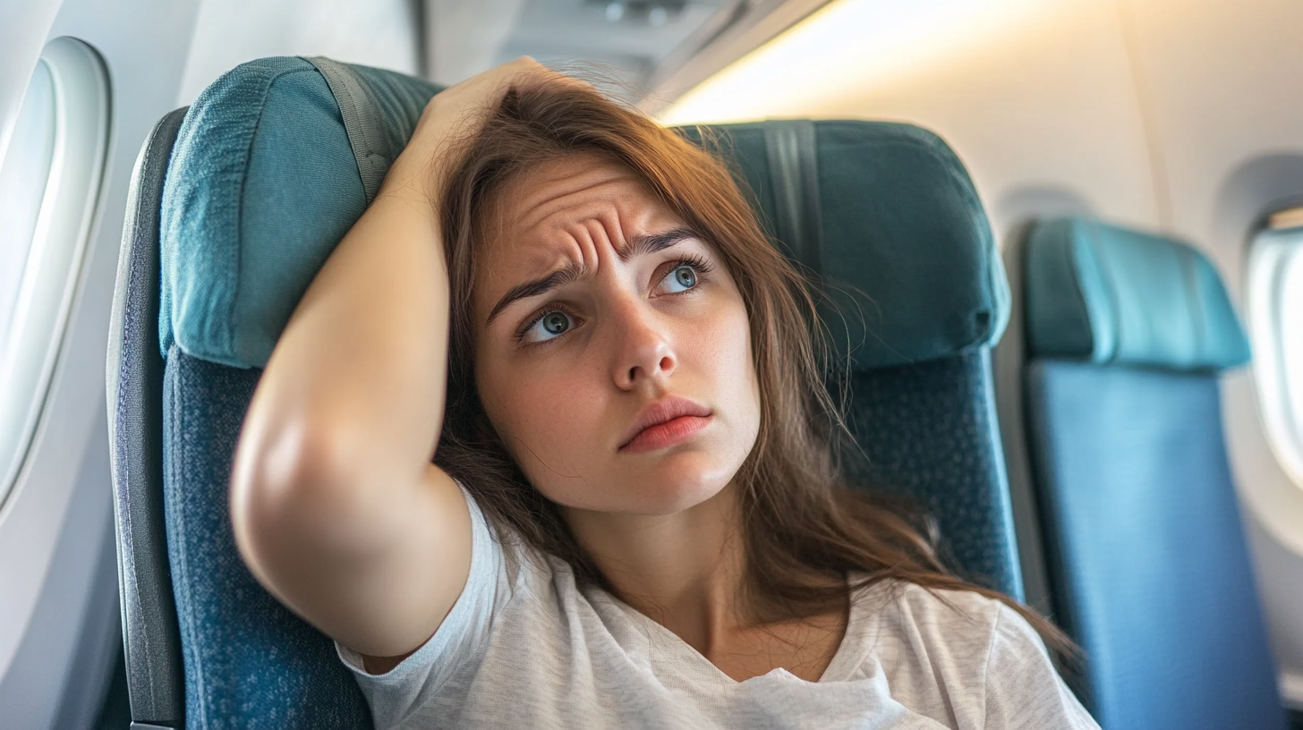 A worried woman sitting in an airplane seat | Source: Midjourney