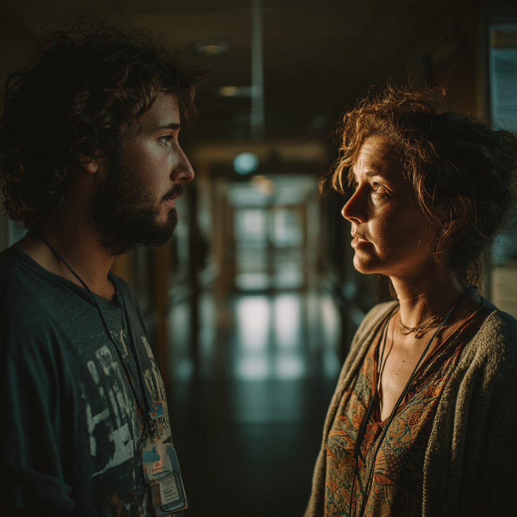 A couple talking in a hospital corridor | Source: Midjourney