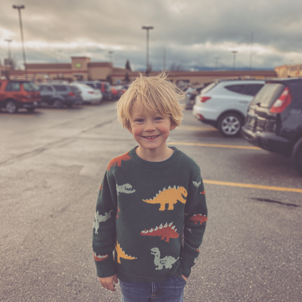 A smiling little boy standing in a parking lot | Source: Midjourney