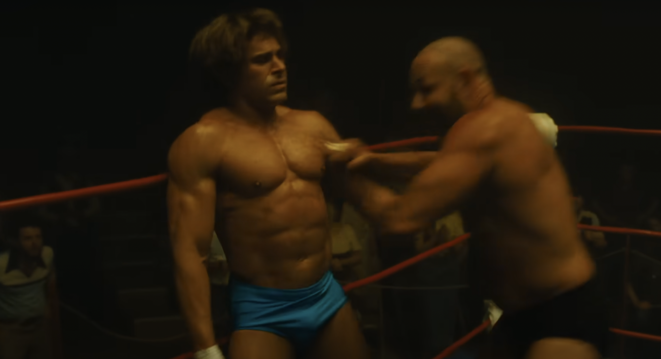 Zac Efron in the wrestling ring as Kevin Von Erich in "The Iron Claw," in a post dated February 14, 2024 | Source: YouTube/A24