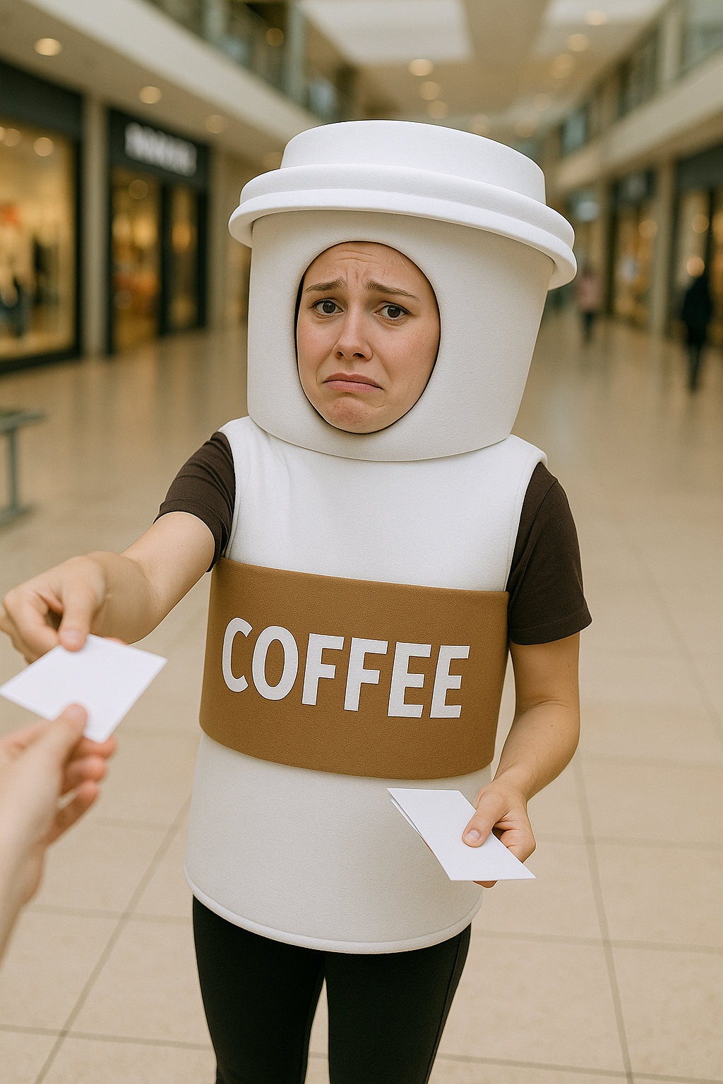 An embarrassed woman wearing a foam coffee cup costume | Source: DALL-E