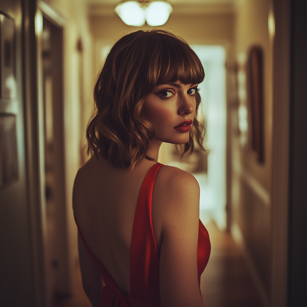 A woman walking down a hallway | Source: Midjourney
