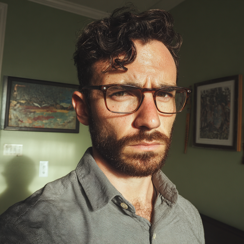 A frowning man standing in a bedroom | Source: Midjourney