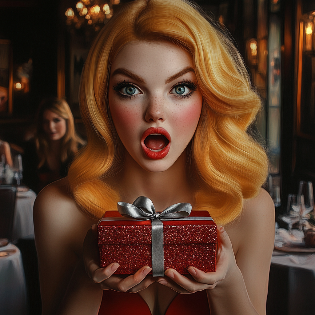 An excited woman holding a glittery gift box | Source: Midjourney